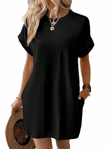 AOWVUTS Sommerkleider Damen Casual Kurzarm Tshirt Kleid Locker Rundhals Mini Strandkleid Schwarzes Kurz Kleider Leichte Freizeitkleid mit Taschen
