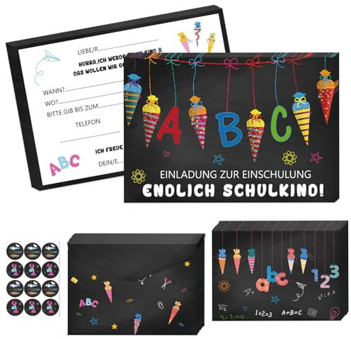 Betensh 12×Einladung Einschulung Junge Mädchen, 15×10CM Kinder Einschulung Einladungskarten mit Umschlag, Einladung Schulanfang Kinder für Kinder zum Schulbeginn Einschulungsparty