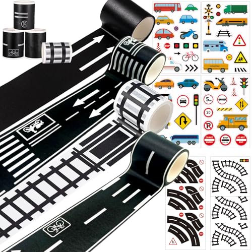 GYHWOFUL Washi Tape Set - 4 Rollen Züge Autobahn Eisenbahnen Straße Schwarz & Weiß Tape, 6 Kurvenaufkleber, 4 Verkehrszeichen, Road Selbstklebend Tape Kinder für DIY-Puzzlespiel, Kunst Dekorative