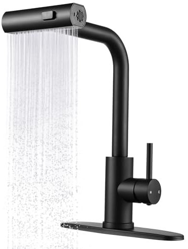 Peppermint Schwarze Küchenarmatur mit herausziehbarem Sprüher, Wasserfall, Küchenspüle, Edelstahl, Wohnmobil, mattschwarz, Küchenarmaturen, Einhandarmaturen für Küchenspüle, 1 oder 3 Loch, 360 °