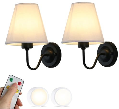 PZAOJAU Battery Operated Wall Sconce Black With Fabric Shade Set Of 2 Battery Wall Light Remote Wireless Cordless Wall Lamp Vintage Farmhouse Wall Mounted For Bedroom Living Room Headboard