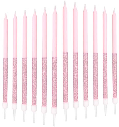 12 Stück funkelnde lange Kerzen, glänzende rosa Kerzen, glitzernde hohe Kerzen für Geburtstag, Geburtstagskuchen, Happy Birthday Party-Kerzen, rosa Kuchendekorationen, Babypartys, Hochzeitstag