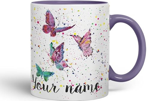 Vixar Personalised Mug with Your Text Name Butterfly Animals Watercolour Art Coloured Ceramic Mug Cup Gift 330ml 11oz Custom Work Office Tea Coffee (Purple)