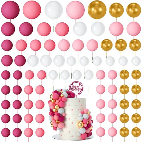 NACHLYNN 80 Pcs Cake Balls Decorations Mini Balloon Cake Topper Balls Foam Cupcake Toppers Balls for Cake Decorating Birthday Parties Weddings Anniversary (Pink Gold Series)