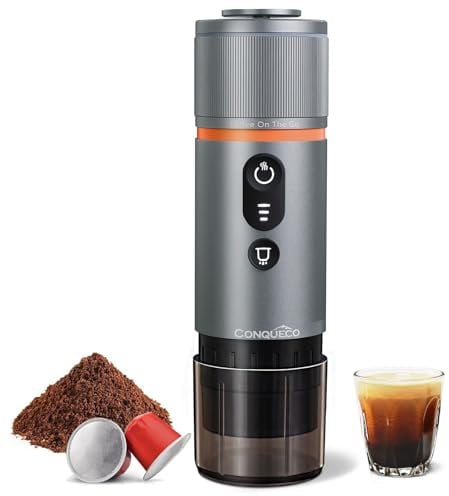 CONQUECO Macchina da Caffè Espresso Portatile - Caffettiera Elettrica da Viaggio con Batteria - per 12V Auto e Camion e Campeggio - Compatibile con la Capsula Nespresso e la Capsula L'or