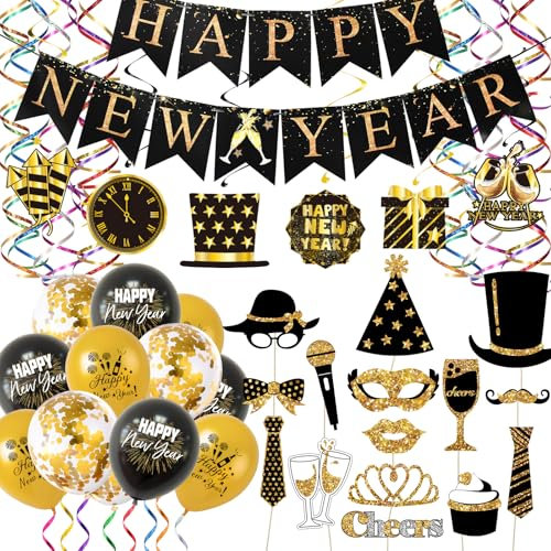 wenweo Happy New Year Deko 2025, Silvester Deko 2025, Deko Silvester Party 2025 umfasst Luftschlangen Silvester、Tischdeko Silvester、Happy New Year Girlande、Hänge Dekoration、Silvesterdeko Ballon