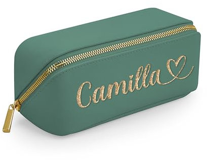 Caribu design Trousse Beauty Case Personalizzato con Nome Iniziali Testo - Borsa Trucchi per Viaggio Casa Pochette Cosmetica in Ecopelle per Lei Organizer Makeup Accessori (Verde)