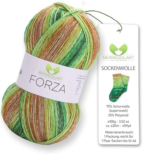 MeriWoolArt® Sockenwolle 4-fädig – 100g Merino Wolle Garn zum Stricken & Häkeln, 75% Schurwolle (superwash), 25% Polyamid, 420m – Ideal für Socken für Herren und Damen, Pullover & Cardigans 2604