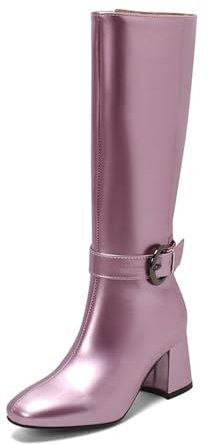 GHSIRUEU Donna Stivali Alti al Ginocchio Moda Stivali Alti da Donna con Punta Quadrata e Tacco a Blocco Stivali in Pelle Verniciata con Fibbia,Viola,39 EU