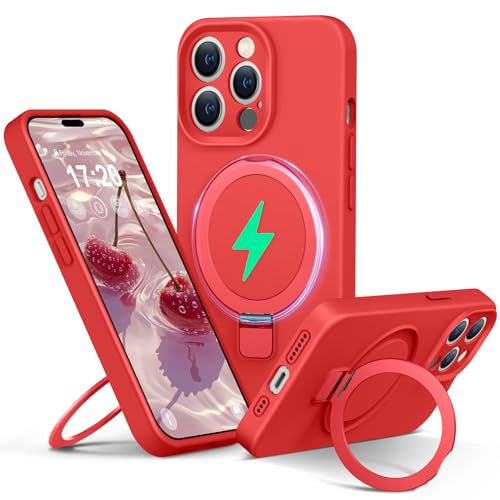 PuyaTeya Liquid Silicone Case for iPhone 14 pro with Magnetic Ring Stand, Upgraded camera lens protection, Mil-Grade Drop Shockproof, Anti-Scratch Microfiber Lining Silicone Case(Red)
