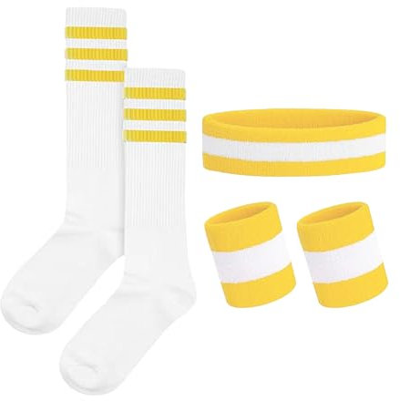 Werownsgso 5 Stück Gestreifte Schweißbänder, 80er Jahre Outfit Damen Accessoires mit Gestreiftes Stirnband Wristbands Socken, Sport Stirnbänder Set für Fitness Sport Retro Party (Yellow)