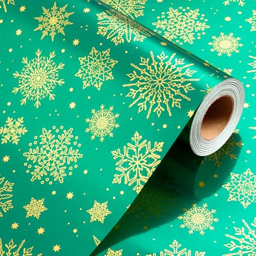 Wikadlik Grünes Weihnachts Geschenkpapier Rolle mit Goldfolie und metallischem Glanz Schneeflockenmotiv für Winter Feiertage und festliche Partys – 43cm x 10m