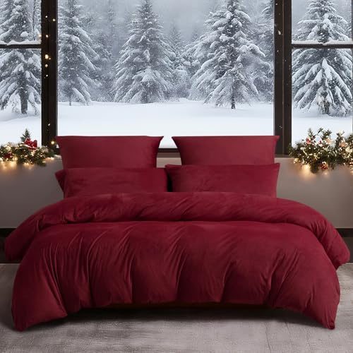 YASMENG Winter Bettwäsche 155x220 Weinrot Rot Warm Kuschelig Flauschige Bettwäsche Winter Weich Warme Samt Plüsch Fleece Flanell Bettbezug Set 3 Teilig mit Reißverschluss und 2 Kissenbezüge 80x80 cm