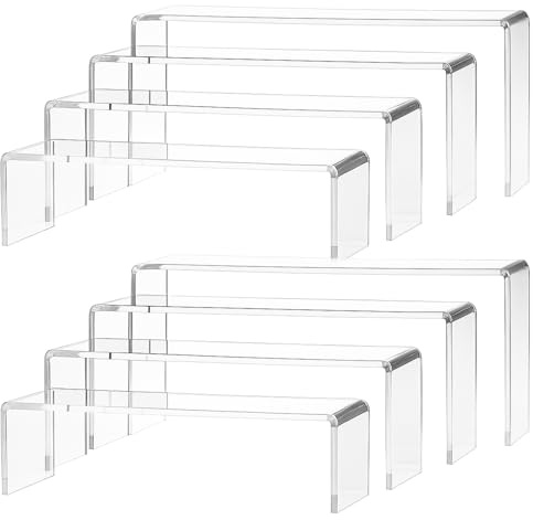 M.J COMFY-LIFE 8Pcs Acrylic Risers - Clear Rectangular Tiered Display Stands for Funko Pop, Jewelry, Cupcakes, Perfume & Collectibles - 4mm Thick U-Shaped Shelves (4 Sizes)