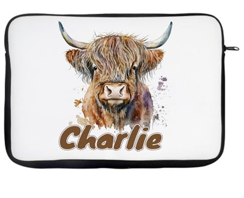 Personalised Highland cow custom name gift for kids, Laptop Sleeve, Organiser, Laptop Case Office use. (15)