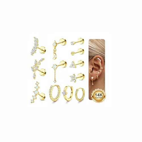 MILACOLATO 12Pcs Helix Piercing Jewellery Surgical Steel Flat Back Earrings Gold Silver Stud Ear Piercing Cartilage Helix Earrings Hoop Hypoallergenic Daith Rook Tragus Conch Piercing Jewellery-BG