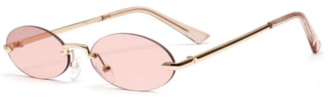 QGGNMGT Occhiali da sole ovali retrò senza montatura da donna, unisex, in metallo, con lenti rosa trasparenti