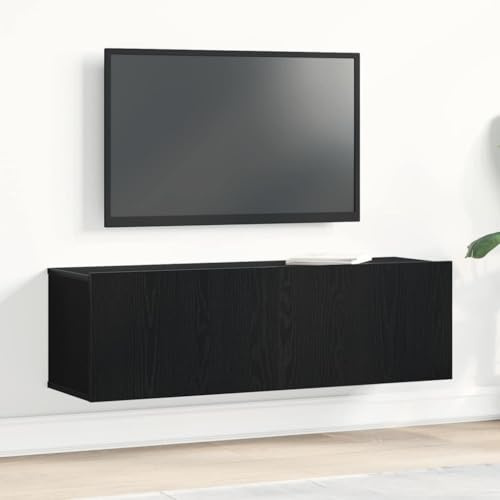 Owoxanthellate TV Lowboard Schwarz Eichen-Optik 100 x 30 x 30 cm Holzwerkstoff Modernes wandmontiertes TV Board mit 2 Regalen Robust & platzsparend für Wohnzimmer Büro