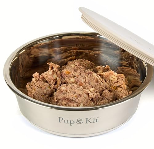 Pup & Kit Lid-it Dog Bowl with Airtight Lid, Stainless Steel, Medium Beige | Silicone lid cover keeps food fresh | Portable pet bowl for travel | Prep & store food | Non-slip base | Dishwasher safe