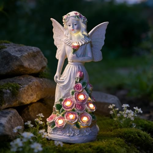 RNPKZ Solar Engel Gartenstatuen, 33 cm Fairy Engel Figur mit 7 LED Solarleuchten, Engel Gartenfiguren aus Harz, Grabengel Wetterfest, Geeignet für Zimmer im Freien Garten Balkon Terrassendekoration