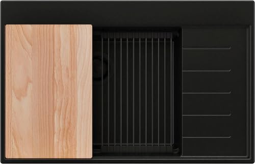 PRIMAGRAN Spülbecken ab 60er Unterschrank + Ablauf-Set, 78x50cm | Set: Ablauf-Set (Siphon, Ablaufgarnitur, Überlauf) + Granitspüle 1 Becken - Sydney Ergo, Alles Schwarz