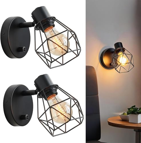 Glighone 2 Stück Wandlampe Innen Vintage Wandleuchte mit Schalter Dimmbar | E27 Schwarz Wandlampe mit Schalter 360°/90°Drehbarer Lampenschirm, Metall Retro Käfiglampe Für Flur Schlafzimmer Wohnzimmer