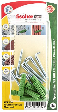 fischer 524830 Spreizdübel 6x30 WH K, Inhalt Dübel SX Green 6 x 30, 8 x Winkelhaken 4,2 x 40