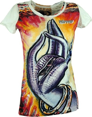 GURU SHOP Mirror T-Shirt - Buddhas Hand/Weiß, Damen, Size:M