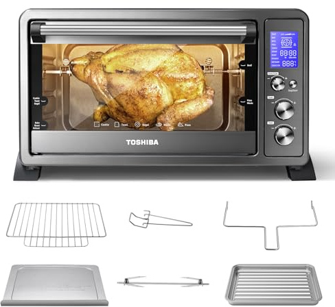 TOSHIBA AC25CEW-BS - Encimera de horno tostador de convección de 6 rebanadas, 10 en uno con tostadas, pizza y asador, 1500 W, acero inoxidable negro, incluye 6 accesorios