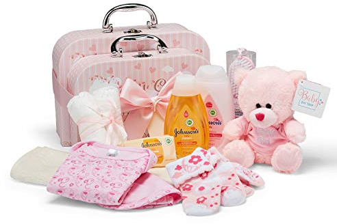 Baby Box Shop Babyparty-Geschenk Für Mädchen - 12 Baby Geschenk Mädchen Zur Geburt Set, Neugeborenen Set Mädchen Geschenk, Baby Geschenkset Mädchen in 2 Andenkenboxen, Baby Geschenk Mädchen Set - Rosa