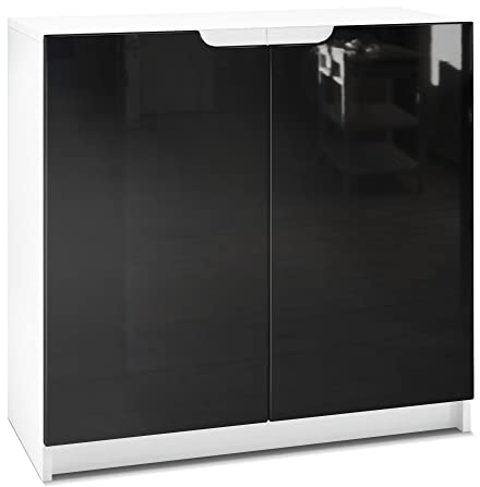 Vladon Sideboard Logan, Made in Germany, Kommode mit 2 Türen, Weiß matt/Schwarz Hochglanz (82 x 78 x 37 cm)