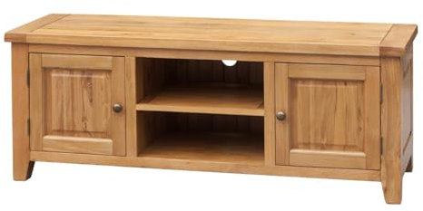 Acorn Solid Oak TV Unit Straight, 1500W x 500D x 580H cm, TV Unit With 2 Shelf And 2 Doors, Antique Pewter - Coloured Metal Handles, Living Room Furniture