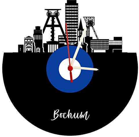 Wanduhr Bochum Skyline blau-weiß, hochwertige Acrylglas Uhr mit lautlosem Quarzwerk, 3mm Stärke
