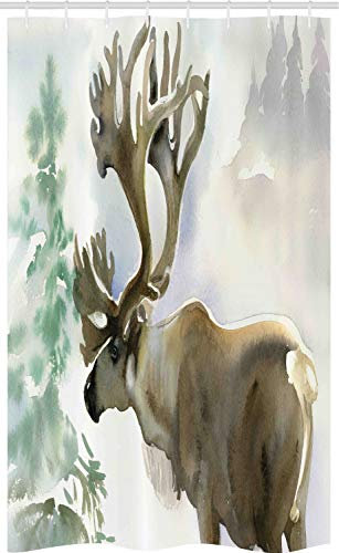 ABAKUHAUS Hirsch Schmaler Duschvorhang, Winterwald-Farben-Art, Badezimmer Deko Set aus Stoff mit Haken, 120 x 180 cm, Beige Grün