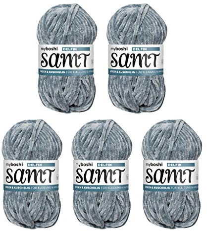 myboshi Samt Wolle zum Häkeln und Stricken, weiche Chenille Wolle im XXL-Knäuel, perfekt für Amigurumi und Kissen, 100% flauschige Polyester, 100g, Ll 100m Grau (Delfin) 5 Knäuel