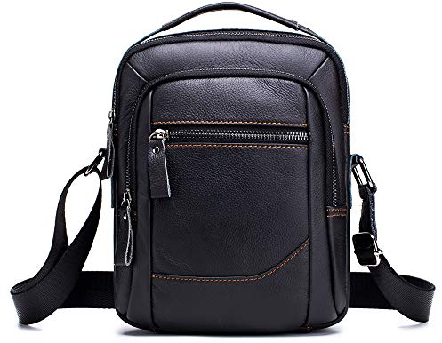 MANNUOSI Leder Umhängetasche Herren Schultertasche Herrentasche Vintage für Arbeit Reise Alltagsleben Schwarz