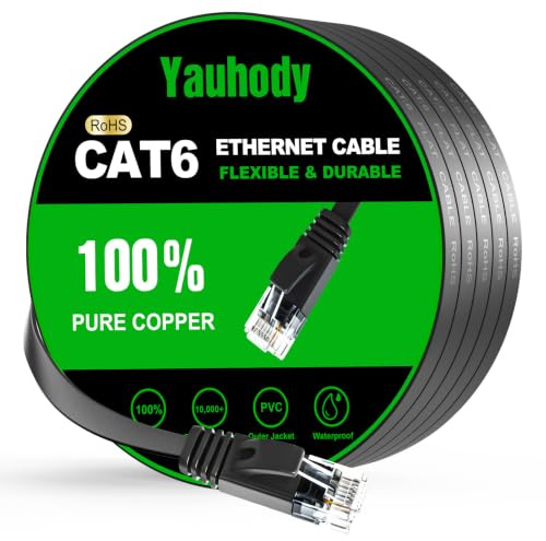 Yauhody CAT 6 Ethernet Cable 10m, Pure Copper High Speed Solid Flat CAT6 | Gigabit Internet Network LAN Patch Leads, Snagless RJ45 Connector for Modem, Router, PC - Black