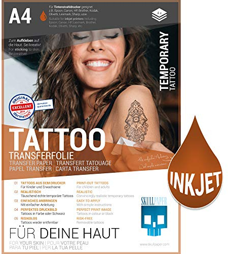 SKULLPAPER® temporäre Tattoo-Transferfolie FÜR DIE Haut - SEHR GUT getestet - für Tintenstrahldrucker (A4-4 Blatt)