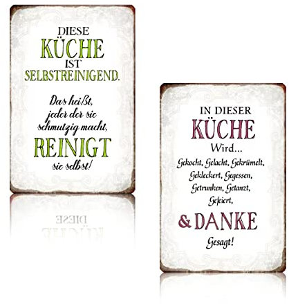 2er Set Retro Blechschild Küche - Metallschild mit Lustig Spruch - DIESE KÜCHE IST SELBSTREINIGEND - IN DIESER KÜCHE WIRD - Geschenk Schild