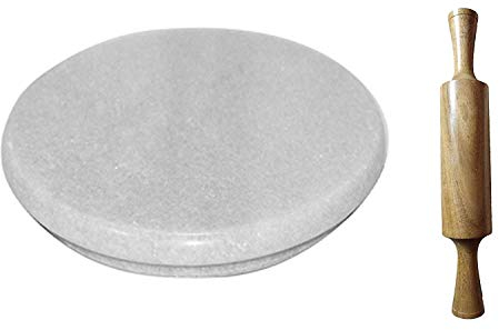 Radhna Traditional Indian White Heavy Base Marble Chakla With Wooden Belan/Marble Roti Maker/Marble Rolling Board With Wooden Rolling Pin