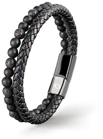 UNIQAL | Echtleder Armband Herren mit Natursteinen PASSION Mens nature stone Bracelet | Edelstahl, Männer | Etui Box Gratis (LAVASTEIN SCHWARZ, 23)
