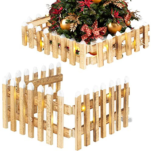 URBNLIVING Pre Lit LED Light Up Wooden Snow Topped Christmas Tree Picket Fence | Xmas Tree Skirt Stand Border Fence Decoration (2, 90cm L x 2cm D x 20cm H)