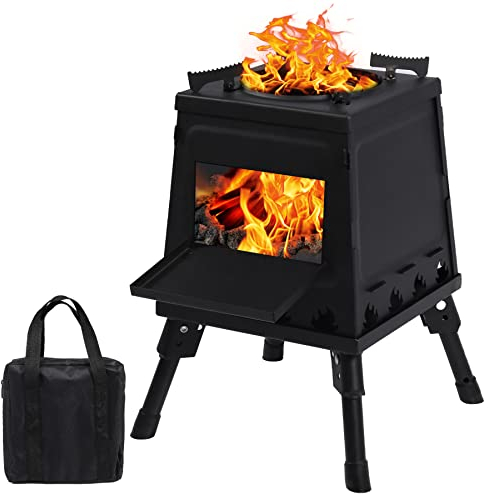 Lineslife Estufa de Leña Portátil de Hierro Fundido para Camping, Estufa Negra Con Funda de Transporte para Mochileros, Cocina Al Aire Libre, Pequeña