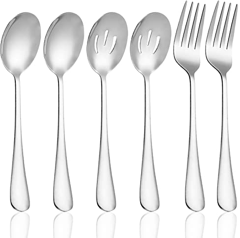findTop Lot de 6 grands couverts de service avec 2 cuillères de service à fente, 2 cuillères de service et 2 fourchettes de service pour fête, buffet, dîner, banquet (argenté)