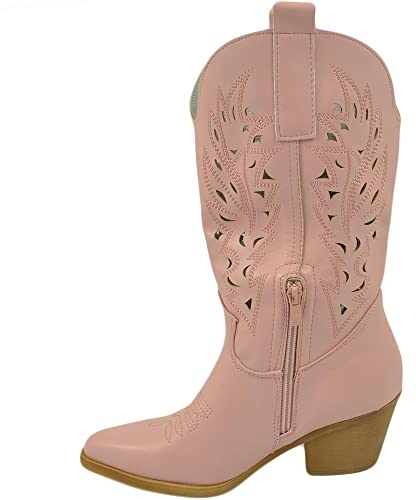 Malu Shoes Stivali donna camperos texani rosa pastello pelle forato tacco western comodo gomma altezza meta' polpaccio (40 EU)