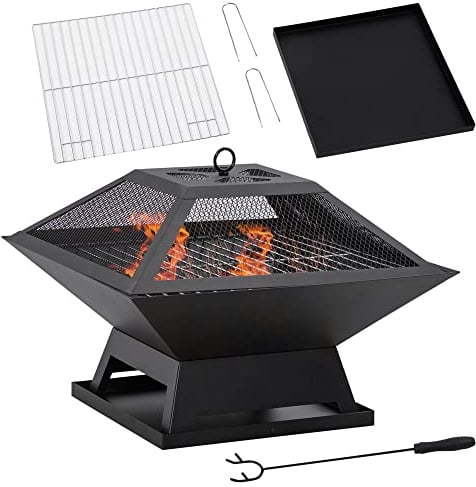 Outsunny Feuerschale 45 x 45 x 34cm aus Edelstahl Feuerstelle mit Funkenschutz Schürhaken Feuerschalen Feuerkorb für Garten, Balkon, BBQ Camping Schwarz