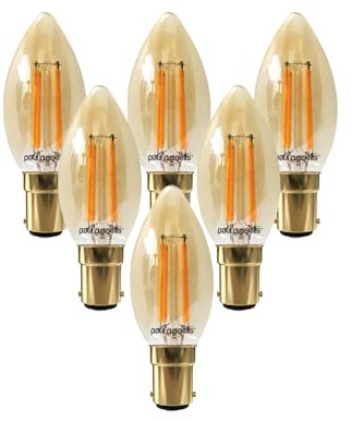 paul russells LED Candle Filament Light – 4.5W 35W Equivalent Replacement, 400LM Lumens, 2200K Extra Warm White, SBC B15 Small Bayonet Cap C35 Bulbs – Energy Saving Non-Dimmable Lamps - Pack of 6