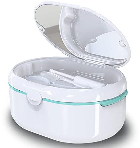 Lancizy Zahnspangendose, Nass und Trockentrennung Zweischichtiger Prothesendose mit Prothesenentfernungswerkzeug, Kaustäbchen, Reinigungszahnbürste, großem Stauraum prothesendose(Weiß)