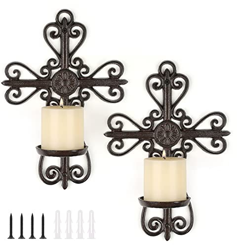 BSTKEY Set of 2 Cast Iron Wall Mounted Hanging Candle Sconce, Cross Shape Rustic Decorative Tealight Candle Holder Stand Wall Pillar Candlestick Holder Sconce