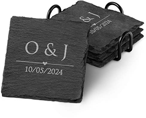 Maverton 4x Dessous de verre personnalisé - sous-verres carrés en ardoise avec support en métal noir - souvenir pour couples - pour parents - noces - anniversaire - mariage - Amour